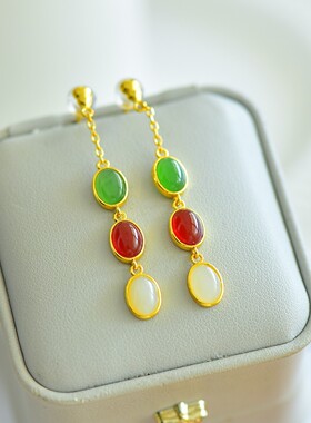 s925银镶和田玉碧玉多宝耳坠12476-2