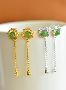 s925银镶和田玉碧玉猫爪耳坠12477