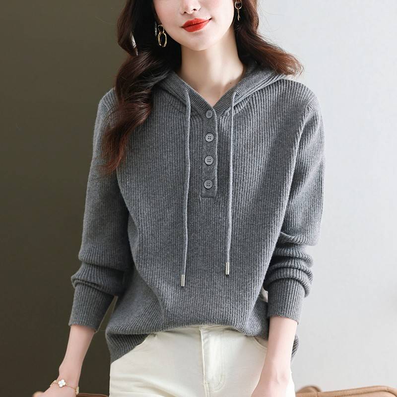 春秋新款2025本命年红色毛衣女宽松大码纯色打底针织短款连帽卫衣