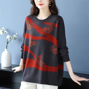针织衫 减龄拼色圆领毛衣女加肥加大码 宽松上衣 时尚 胖妈妈秋冬新款
