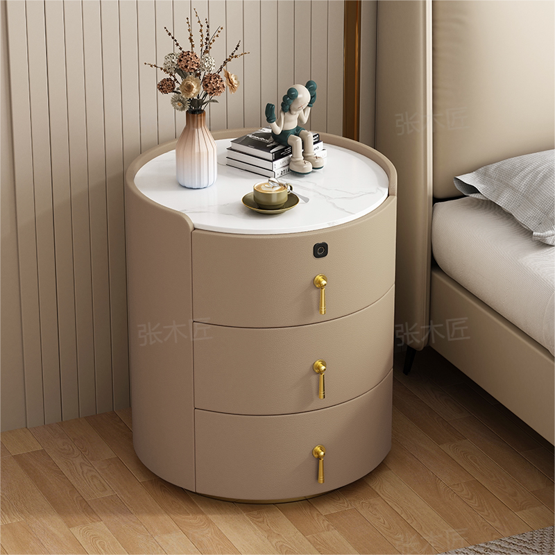 意式圆形岩板床头柜实木三抽虎牌保险柜指纹密码保险箱高级床边柜