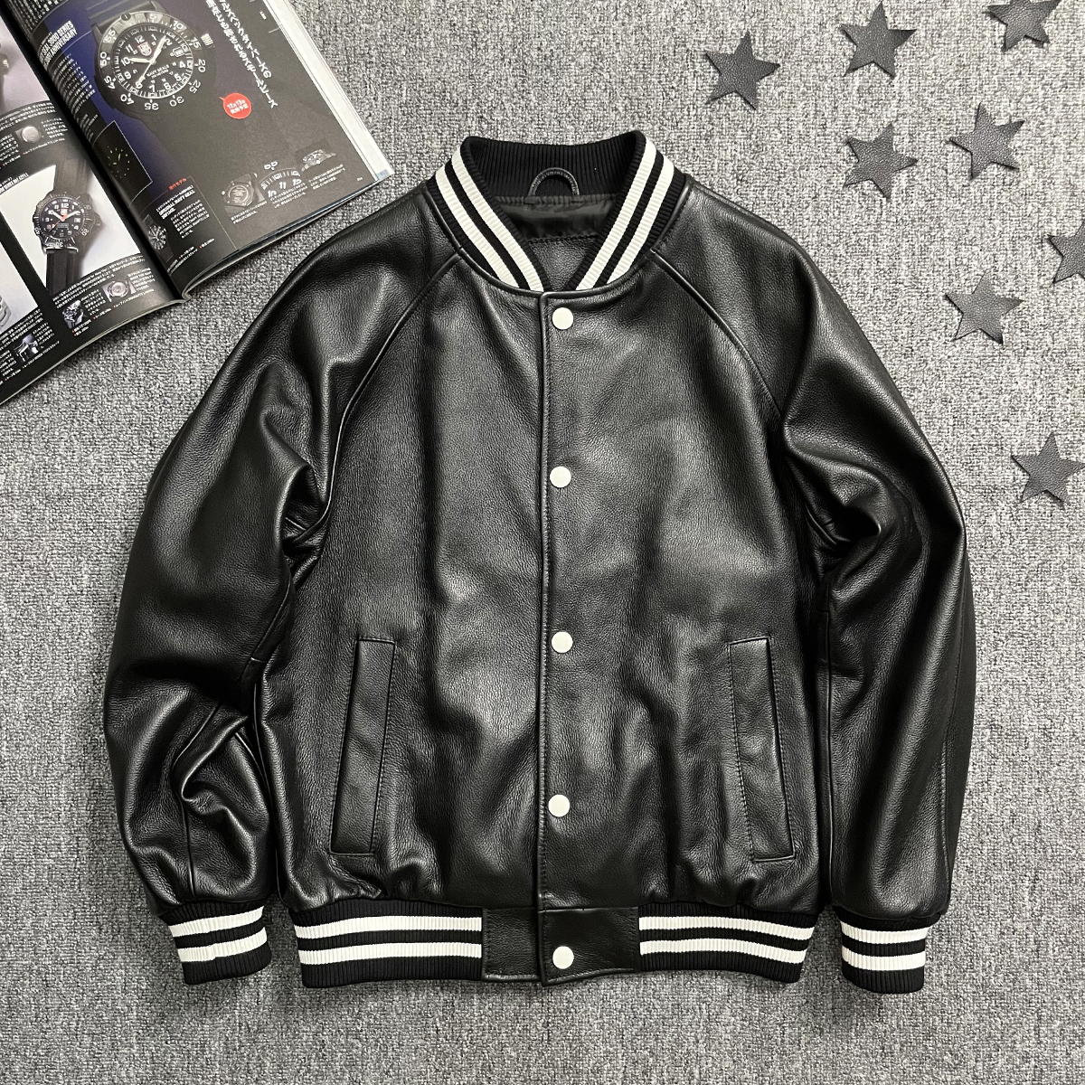 美式头层小牛皮宽松棒球服帅气