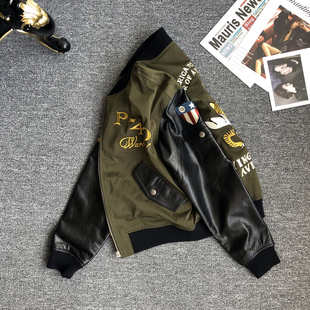 女皮衣真皮休闲夹克羊皮袖 拼接棒球服落肩上衣刺绣外套宽松ins潮