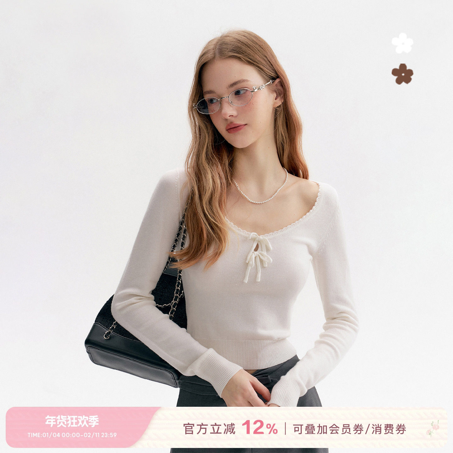 任敏同款 Kroche  双蝴蝶结 羊绒羊毛 花边U领长袖打底针织衫,女装/女士精品,毛针织衫,淘宝优惠券,粉丝福利购,淘宝优惠卷