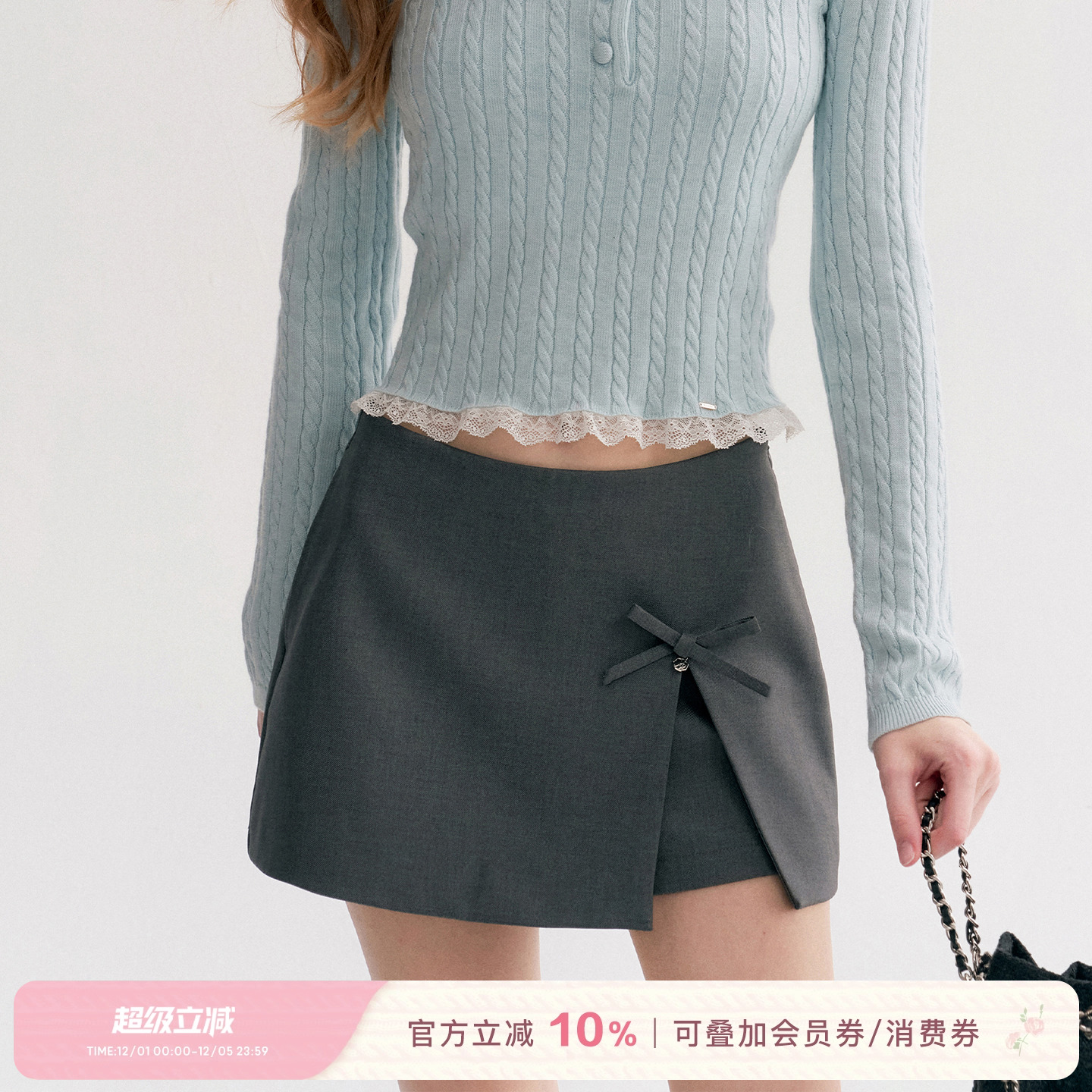 无腰头假两件开叉蝴蝶结A摆裙裤