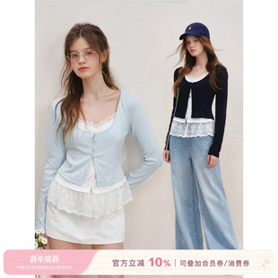 撞色U领假两件开衫 王楚然同款 蕾丝花边拼接 25ss 上衣 Kroche