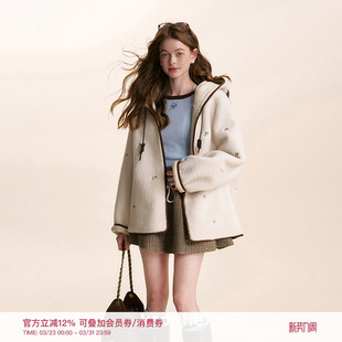 定制玫瑰花刺绣皮毛一体羊羔毛连帽外套 冬日花园 梁田同款 Kroche