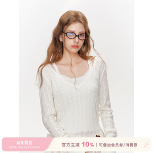 V领镂空麻花套头罩衫 任敏同款 绵羊毛 山羊绒 上衣 Kroche
