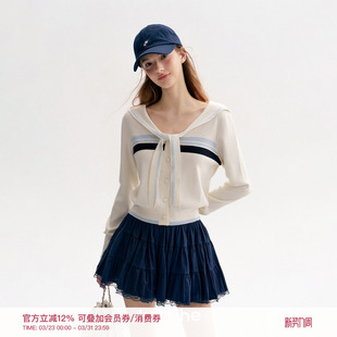 海军领系带披肩撞色毛衣开衫 定染蕾丝花边 Kroche 张小婉同款