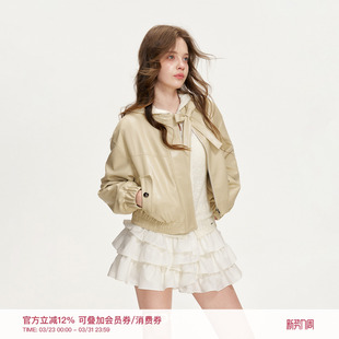 领口蝴蝶结系带短款 Kroche 柔软环保pu皮 bowknot 皮衣外套 26ss