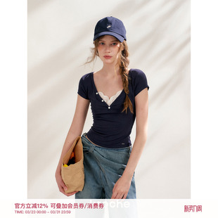 短袖 王楚然同款 蕾丝花边拼接桃型V领修身 莱赛尔 T恤 Kroche