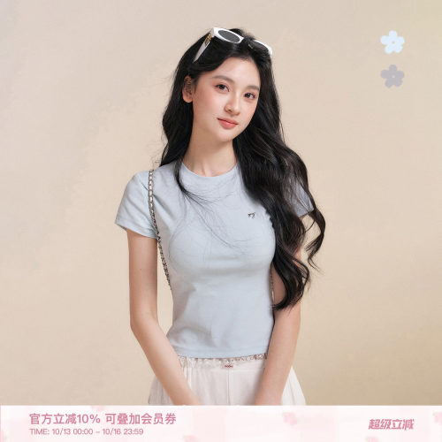 法式蕾丝花边圆领收腰短袖T恤