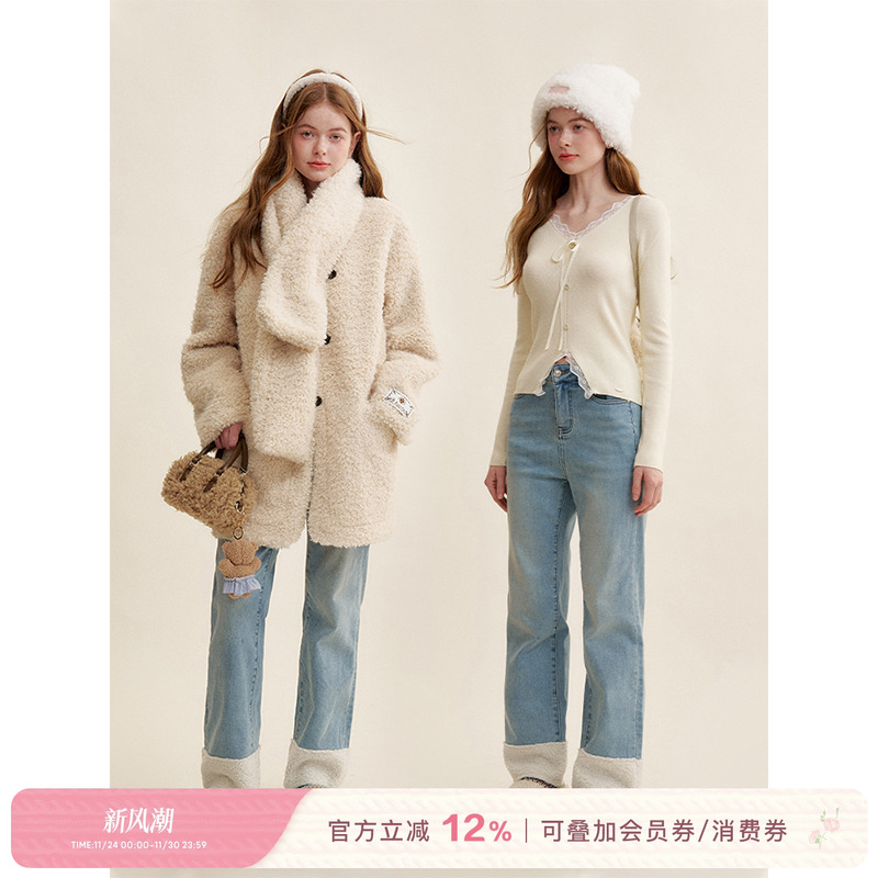 Kroche24aw纯色蕾丝拼接牛仔裤