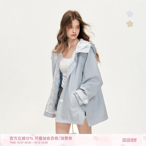 天丝棉假两件蕾丝连帽风衣外套