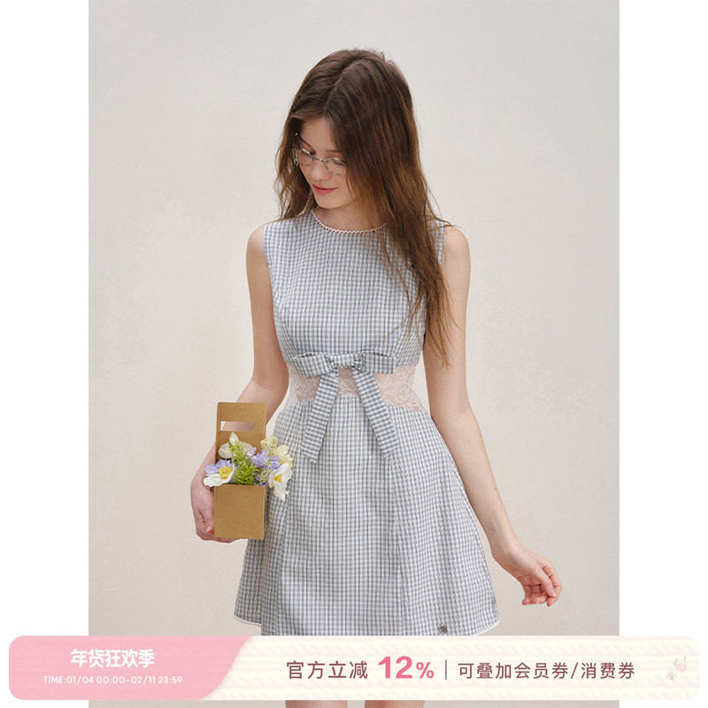 Kroche  浪漫格调 蕾丝拼接 蝴蝶结棉感格纹收腰无袖连衣裙,女装/女士精品,连衣裙,淘宝优惠券,粉丝福利购,淘宝优惠卷