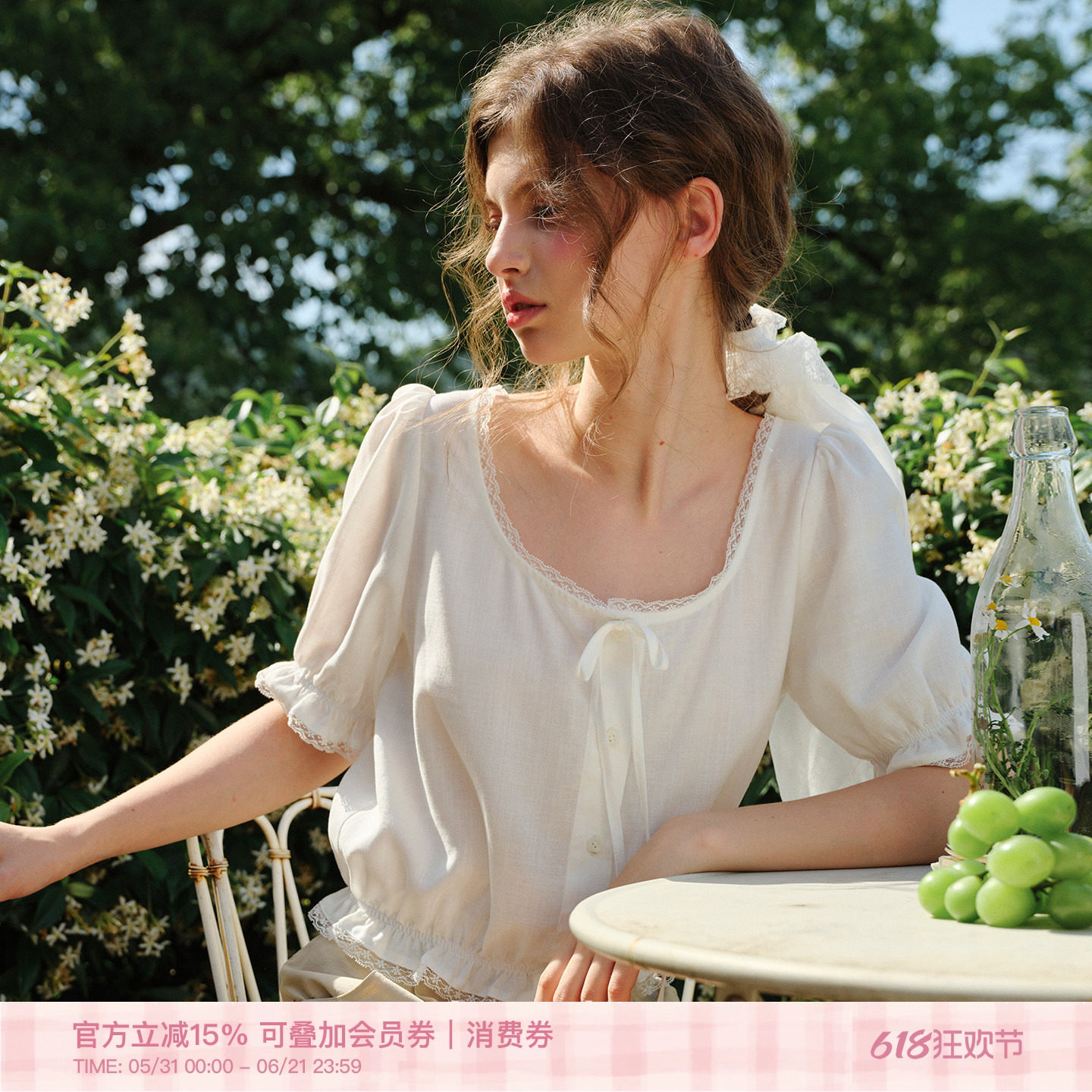 Kroche 26ss「100莱赛尔」法式蕾丝 花边泡泡袖系带短袖T恤衬衫