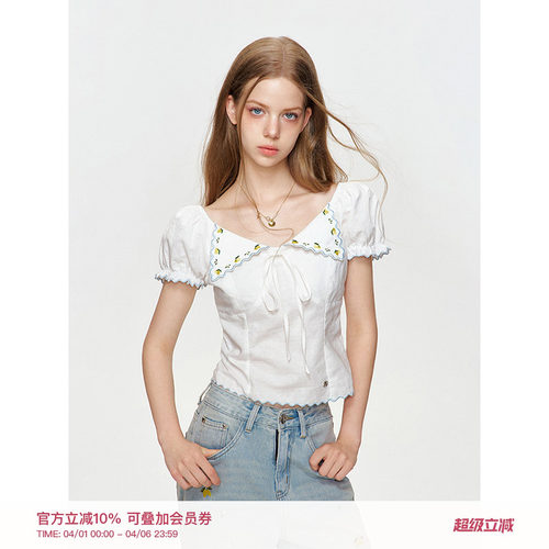 刺绣柠檬短袖方型领泡泡袖衬衫