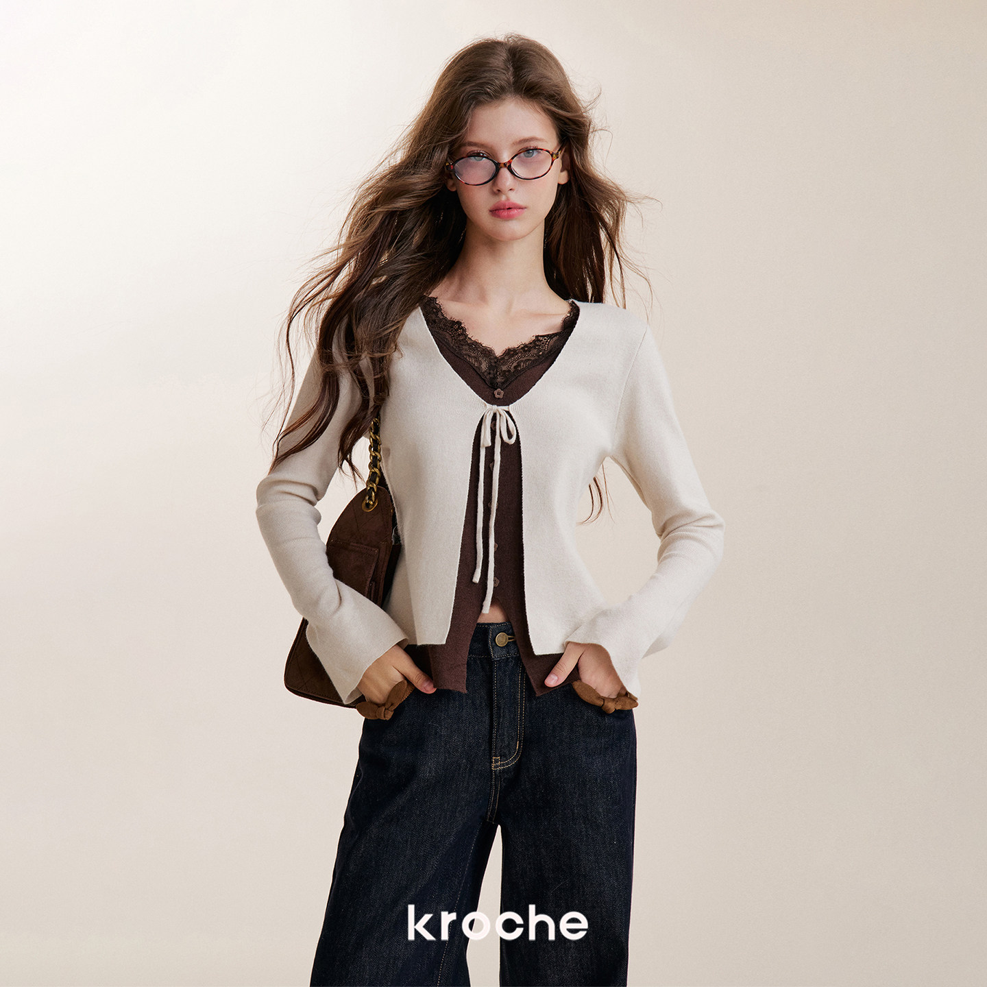 Kroche 26aw 羊毛混纺 冬日温柔 撞色假两件蕾丝花边针织开衫
