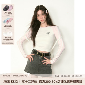 kroche 蕾丝花边撞色插肩短款修身长袖T恤甜辣小上衣女减龄学院风