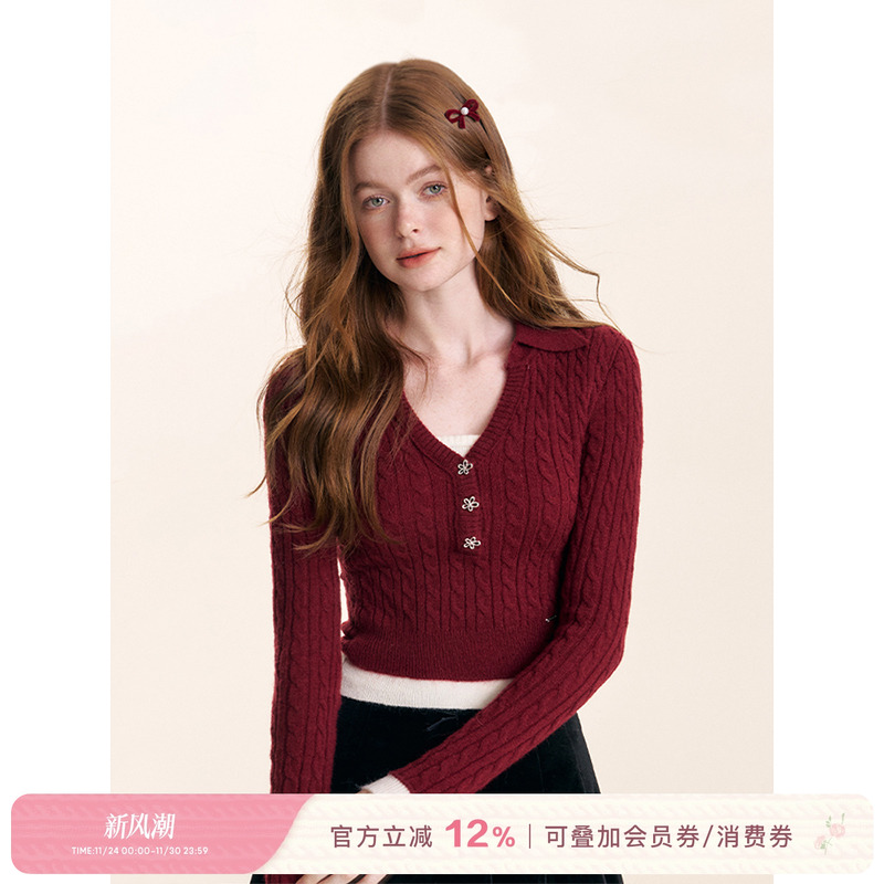 Kroche  云感呼吸 假两件拼接 翻领V领针织打底衫