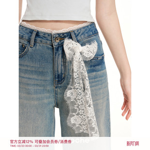 26ss 休闲慵懒直筒阔腿牛仔裤 浪漫蕾丝 蕾丝拼接系带 法式 Kroche