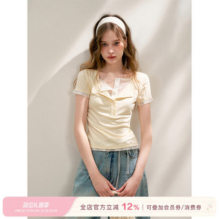 孟子义同款 Kroche 25ss 莱赛尔 蕾丝拼接假两件双层领短袖T恤