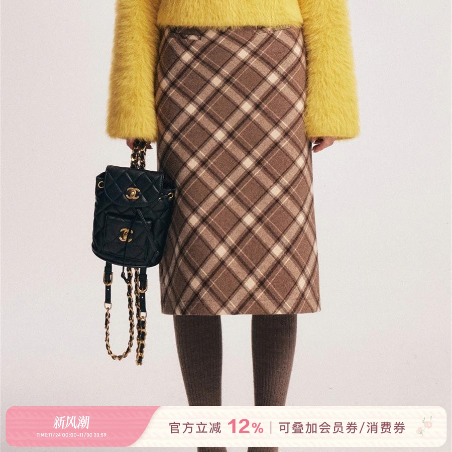 复古格纹直筒毛呢半身裙