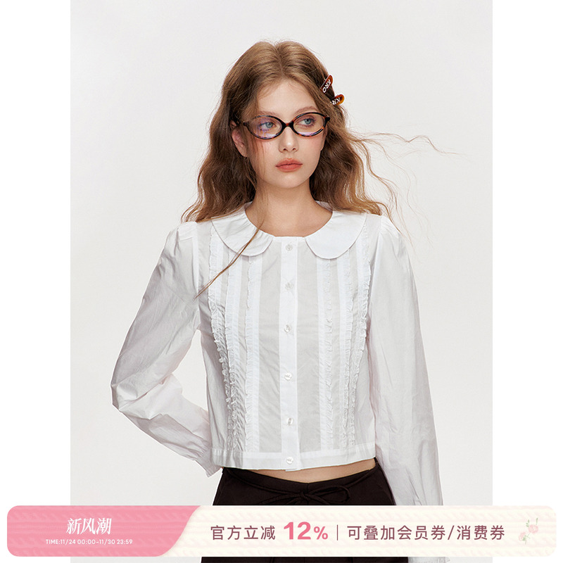 Kroche捏褶设计衬衫娃娃领