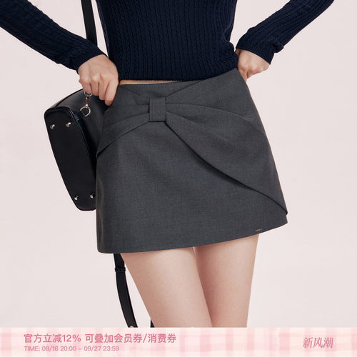 立体蝴蝶结无腰头A字短款半身裙