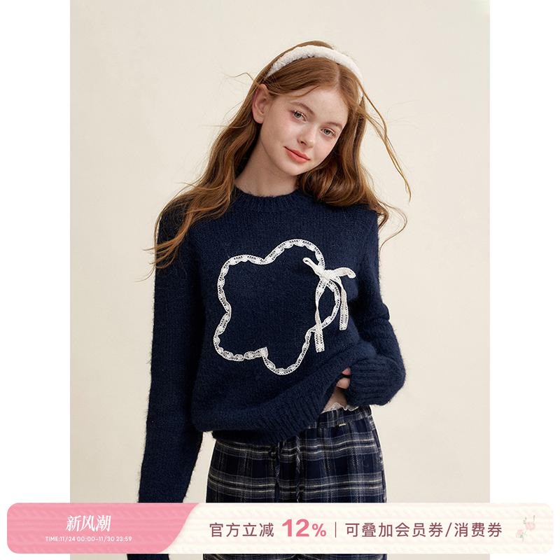 Kroche蕾丝花边宽松圆领针织毛衣