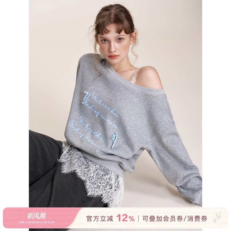 斜肩撞色毛线绣暖芙绒灰色卫衣