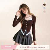 张籽沐同款 羊毛混纺假两件撞色翻领针织打底开衫 Kroche 浪漫法式