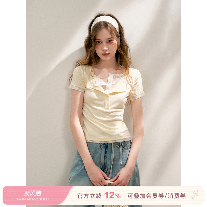 蕾丝拼接假两件双层领短袖T恤