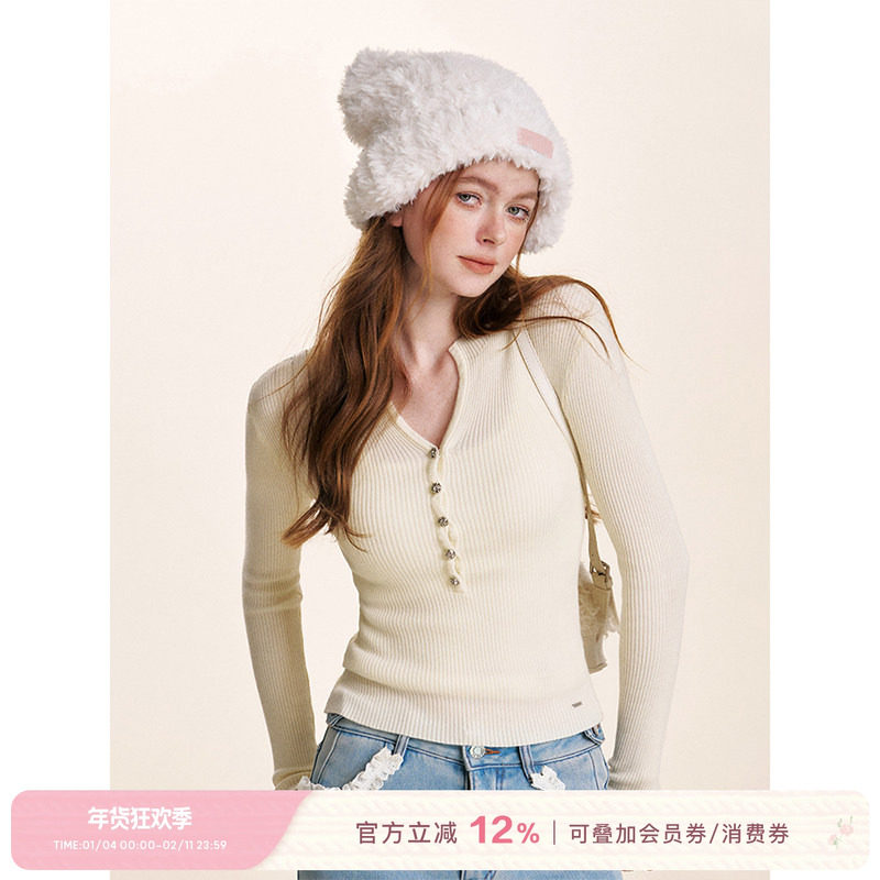 Kroche  浪漫序曲 浪漫玫瑰扣小V领针织长袖打底衫,女装/女士精品,毛针织衫,淘宝优惠券,粉丝福利购,淘宝优惠卷