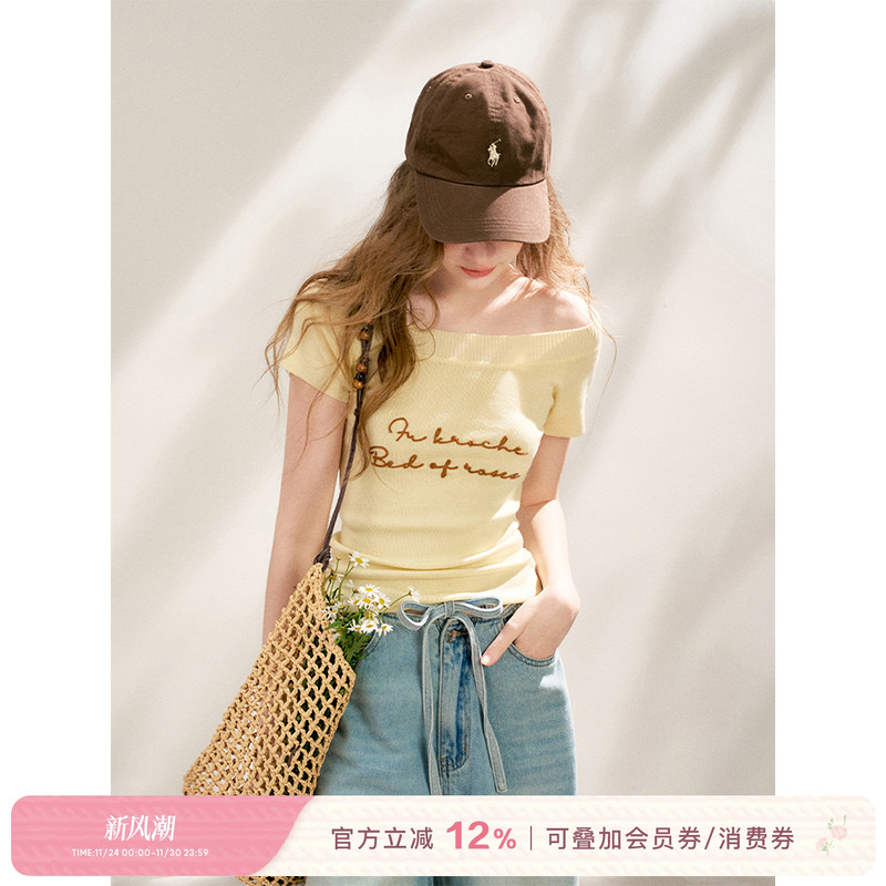 重工刺绣一字领修身针织短袖