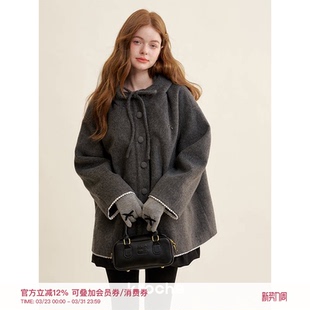 蝴蝶结毛呢连帽宽松斗篷外套 羊毛混纺 Kroche 浪漫巴黎