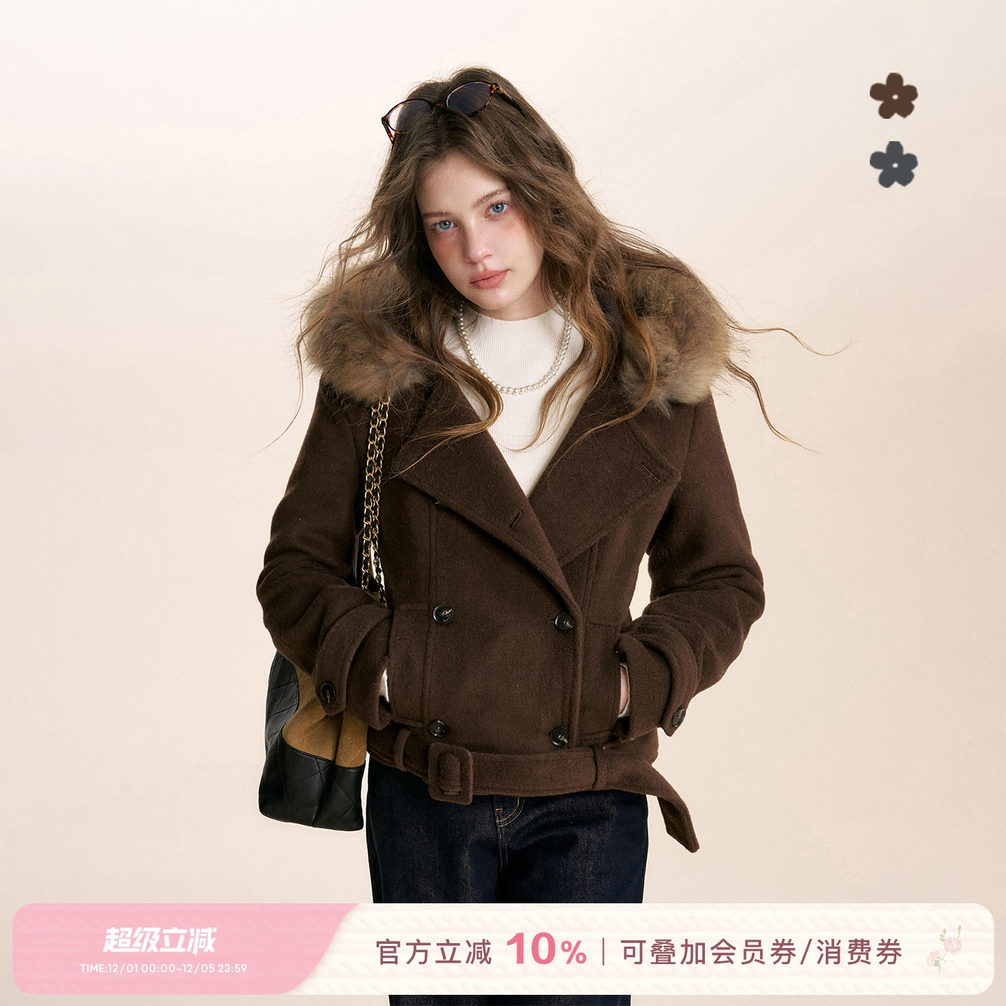 双排扣短款毛呢羊毛大衣连帽外套