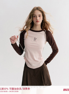 宋轶同款Kroche  玫瑰可露丽小猫印花全棉撞色插肩长袖T恤