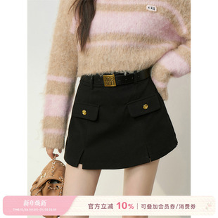 里 高腰A字带裤 前开衩黑色短半身裙女 Kroche 孟子义同款