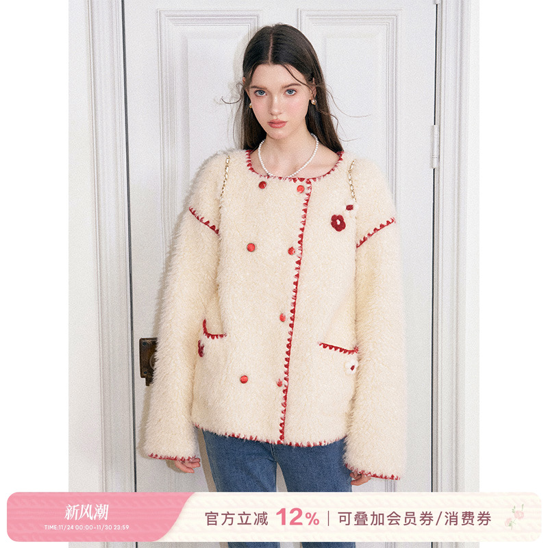 香风双排扣花朵羊羔毛