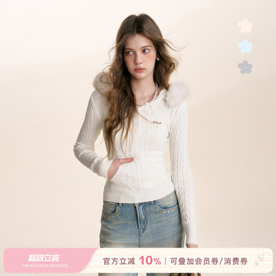 可拆卸毛领麻花长袖打底针织衫