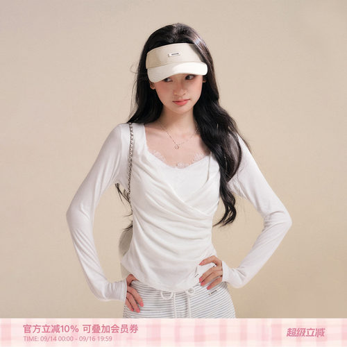 蕾丝拼接交叉领针织假两件T恤