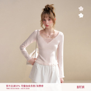 Ballet Disordered 假两件 蕾丝拼接v领长袖 T恤 Kroche 修身 26ss