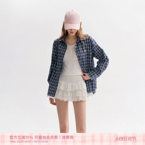 法式蕾丝格纹宽松衬衫短款半裙