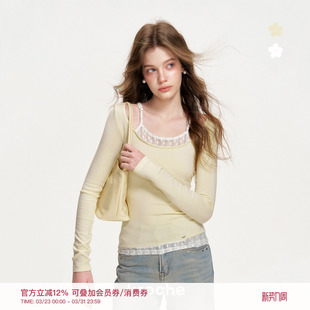 柔软羊毛修身 Kroche 定染五瓣花蕾丝拼接 心动浅春 收腰T恤 26ss