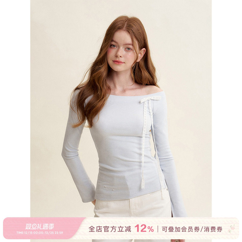 蝴蝶结飘带德绒坑条斜肩长袖T恤