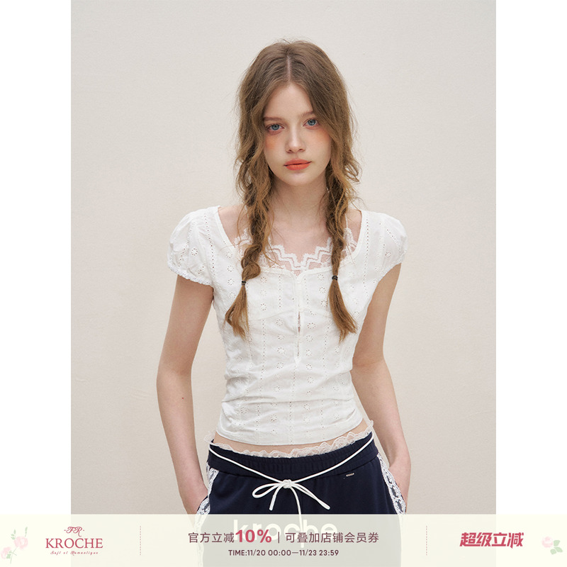 假两件设计蕾丝拼接短袖衬衫