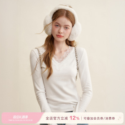 Kroche  慵懒法式 蕾丝拼接 v领修身长袖T恤上衣打底