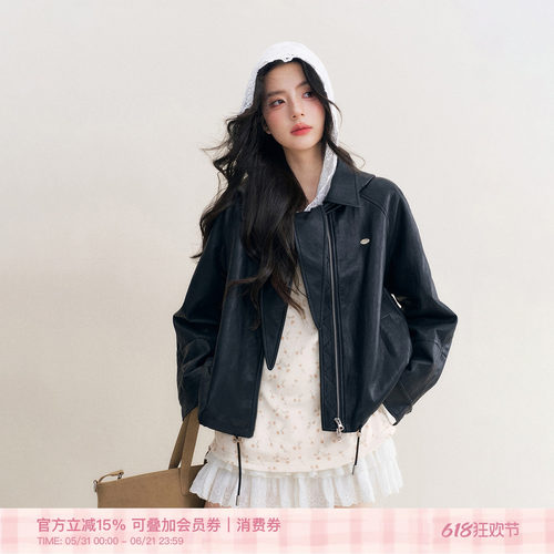 可拆卸连帽翻领宽松黑色皮衣外套