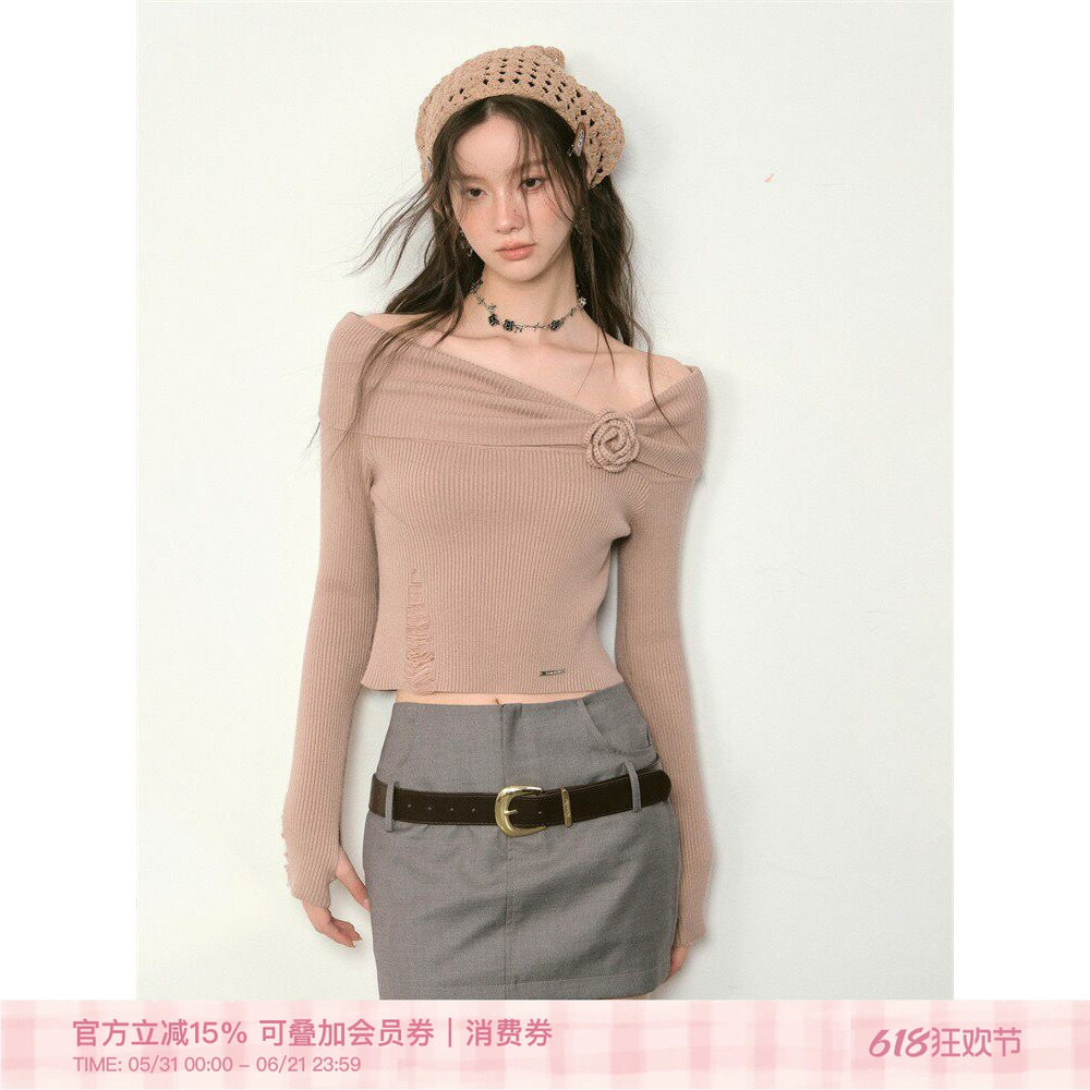 Kroche 一字肩立体玫瑰破洞针织长袖上衣设计感小众高级慵懒毛衣